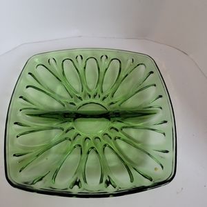 Vintage Mid Century Modern Green Glass Divided Relish Dish